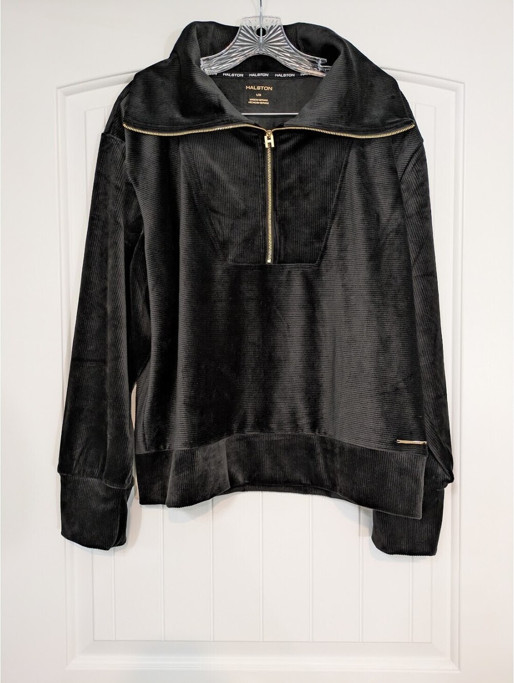 Halston Black Velour Quarter Zip Large NWT